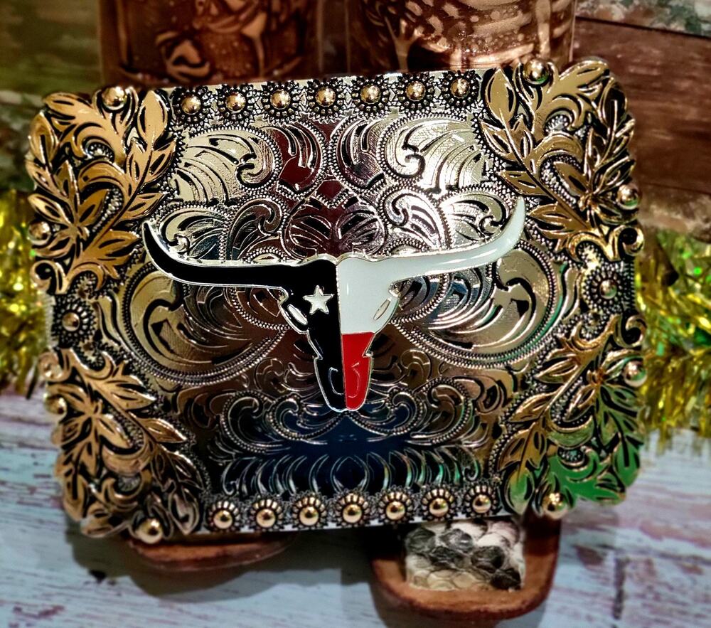 Longhorn belt buckle Western Horse Cross Rodeo Silver & Rose Texas-style